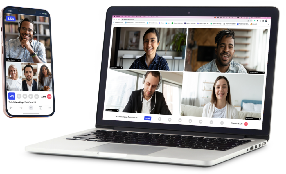 A laptop screen showing four people engaged in a Meeow