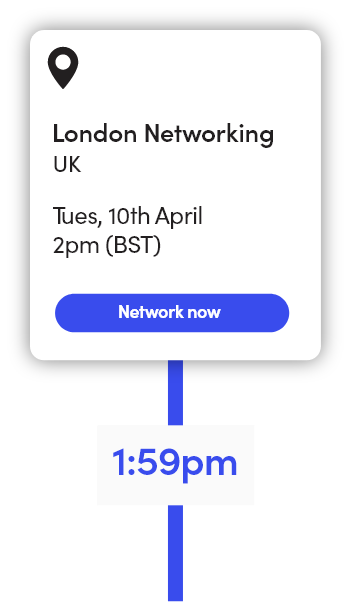An example Meeow card with a 'Network now' button. The current time shows 1:59pm and the event is due to start at 2pm.